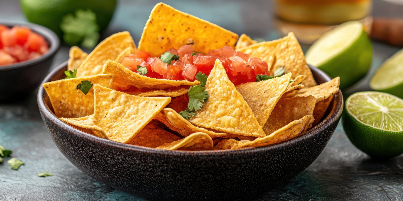 Crunchy tortilla chips topped with fresh salsa and lime wedges on a rustic table